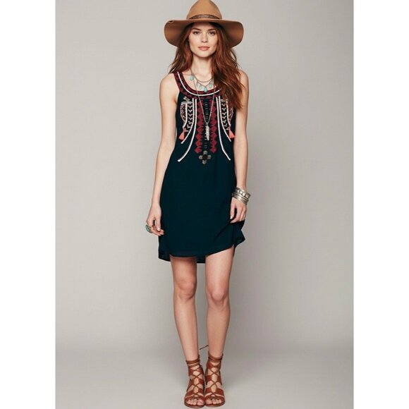 VINTAGE Free People Black Boho Embroidered Dress • Tassel Cutout Back Y2K Hippie - Picture 1 of 16
